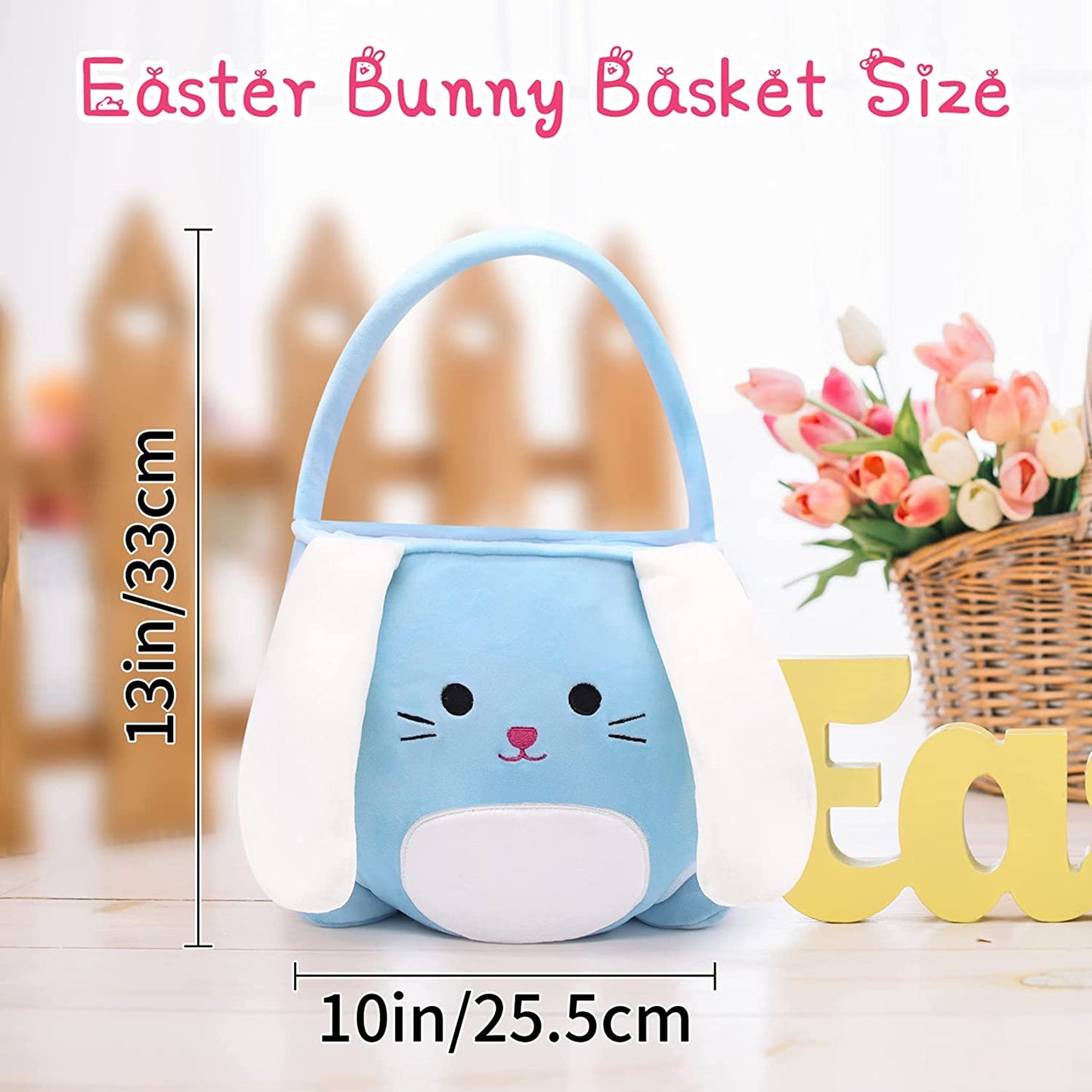 Easter Basket for Kids, Cute Plush Easter Bunny Basket, Large Easter Baskets for Kids Boys Girls, Easter Egg Hunt Basket Bags with Rabbit Plush Ears for Easter Decorations Gifts Candy Toy Storage