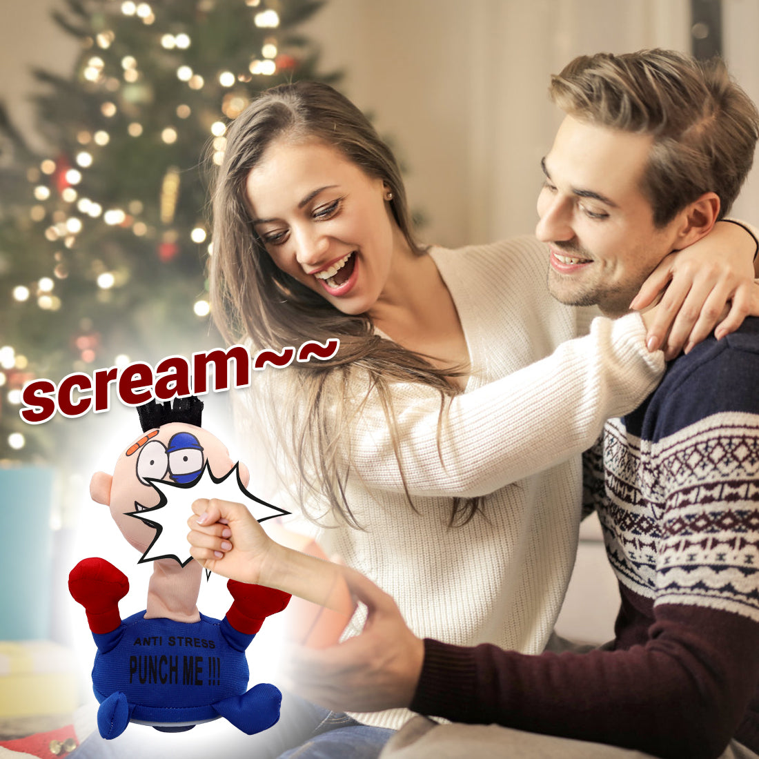 Electric Plush Anti Stress Doll, Desktop Stress Relief for Adults Interactive Toy, Desk Punching Bag Decompress Hit Toy Screaming Doll Funny Toys for Adults and Children to Vent Stress (Blue)