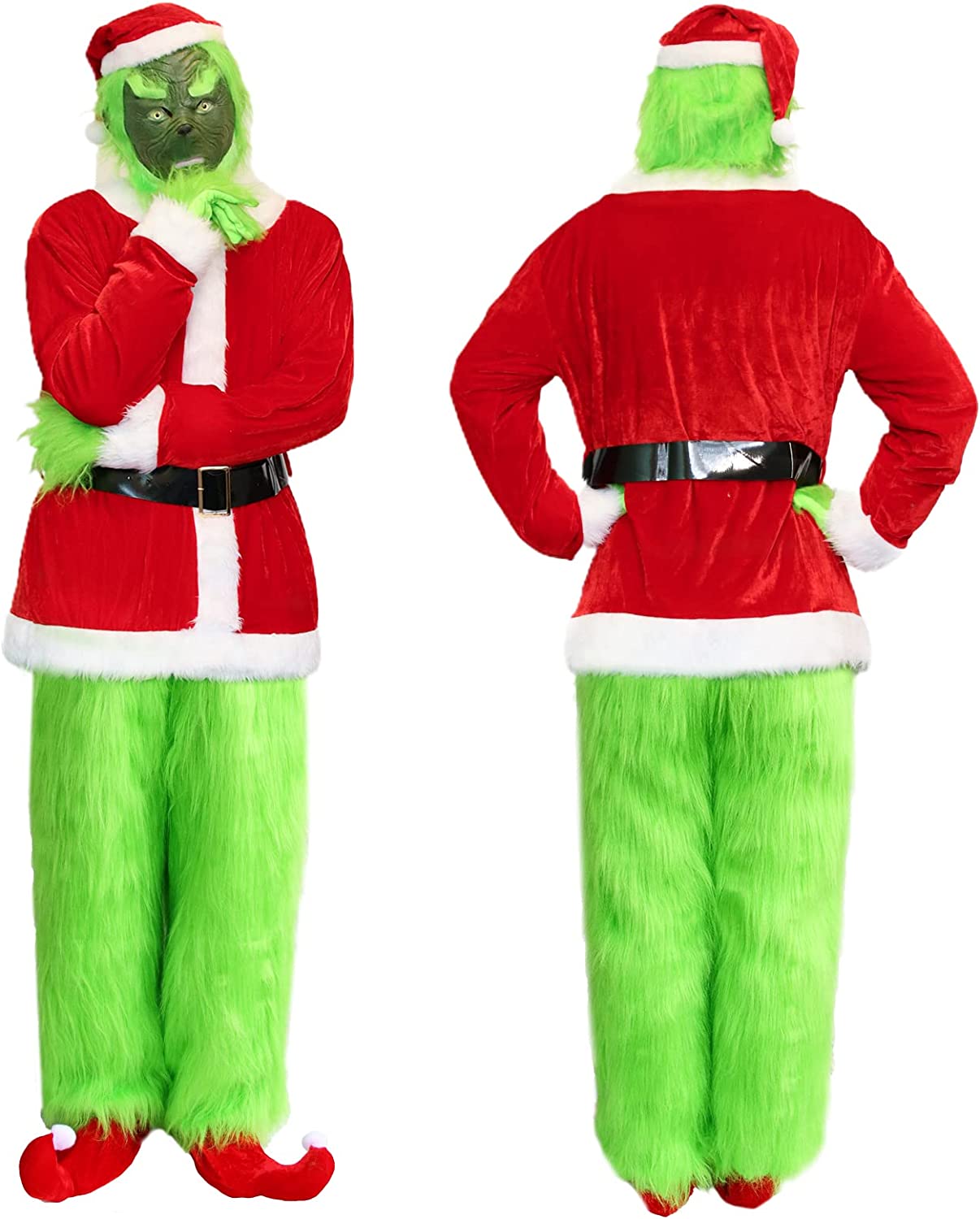 Green Monster Costume 7pcs Grin Mask and Christmas Hat Furry Pants, Santa Suit Green Adult Outfit