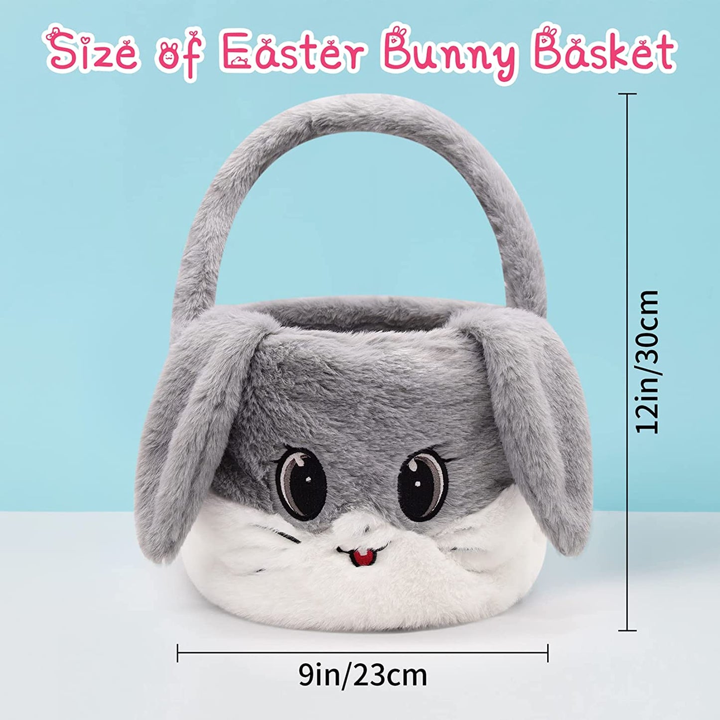 Easter Basket for Kids, Easter Baskets with Handle for Easter Eggs Hunting, Kawaii Easter Basket Cute Easter Decoration Gray Bunny Bags, Easter Theme Party Favor Easter Gifts for Girls Boys