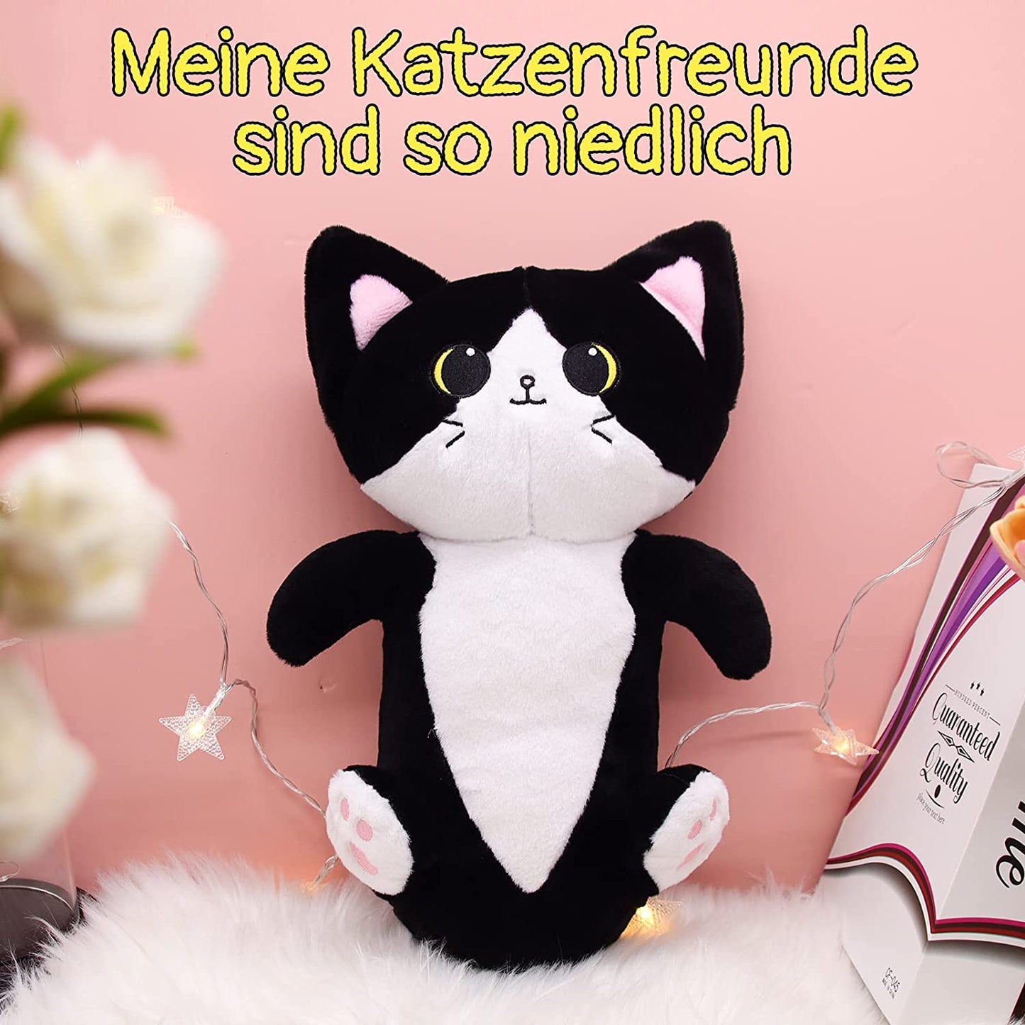Niedliche Katze Plüsch Kissen Spielzeug, Kawaii Katze Plüschtiere Schwarze Katze Plüschie, weiche gefüllte Katze Puppe Kissen Weihnachten Plüsch Geschenk für Kinder