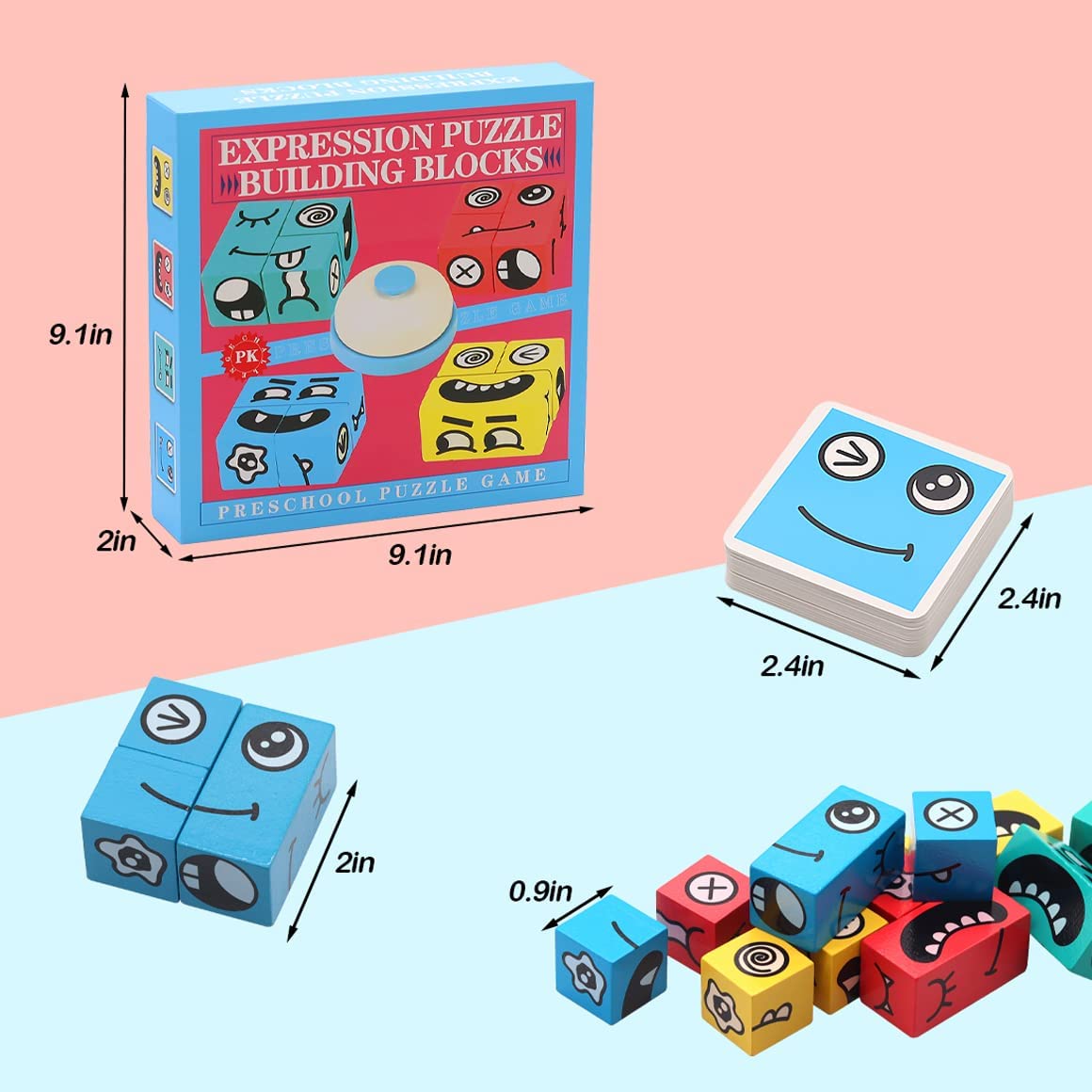 Wooden Face Changing Magic Cube Game Building Uzzle Blocks Expressions Building Puzzle Blocks Toy with Bell - Montessori Learning Parent-Child Toys for Kids Ages 3 Years +