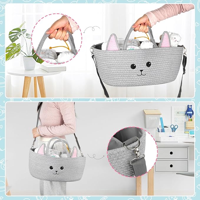 Baby Diaper Caddy Organizer, Cute Cat Woven Cotton Rope Nursery Storage Basket, Portable Diaper Organizer for Changing Table, Baby Stuff, Car Travel Baby Shower Gifts for Newborn