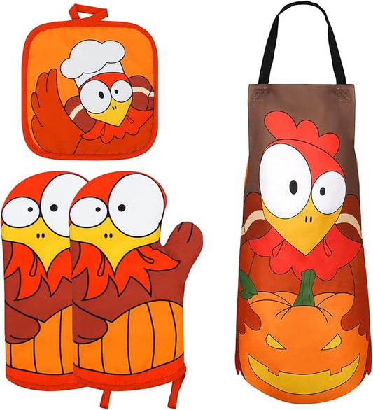 Fall Oven Mitts, Thanksgiving 4Pcs Cute Turkey Cooking Gloves Oven Mitt Set with Potholder and Apron, Quilted Cotton Lining, Heat Resistant Oven Mitts and Pot Holders Sets for Baking Microwave