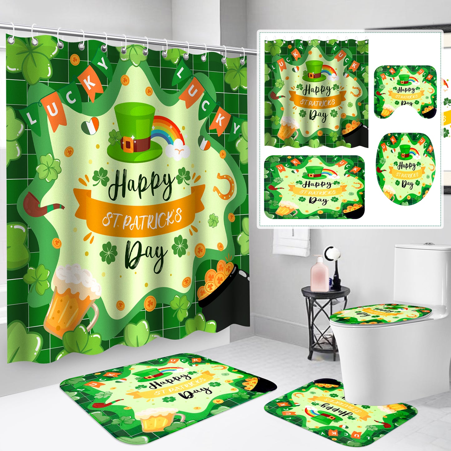 St Patricks Day Shower Curtain Set, 4pcs Happy St Patricks Day Shower Curtain with Non Slip Rugs, Toilet Lid Cover and Bath Mat, Green Shamrock Waterproof Fabric Bathroom Curtain