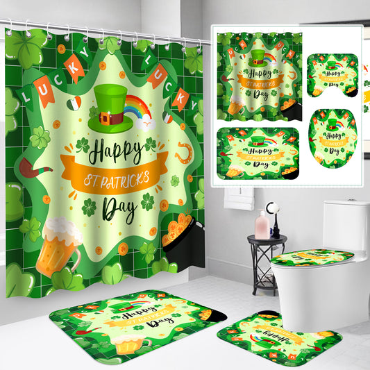 St Patricks Day Shower Curtain Set, 4pcs Happy St Patricks Day Shower Curtain with Non Slip Rugs, Toilet Lid Cover and Bath Mat, Green Shamrock Waterproof Fabric Bathroom Curtain