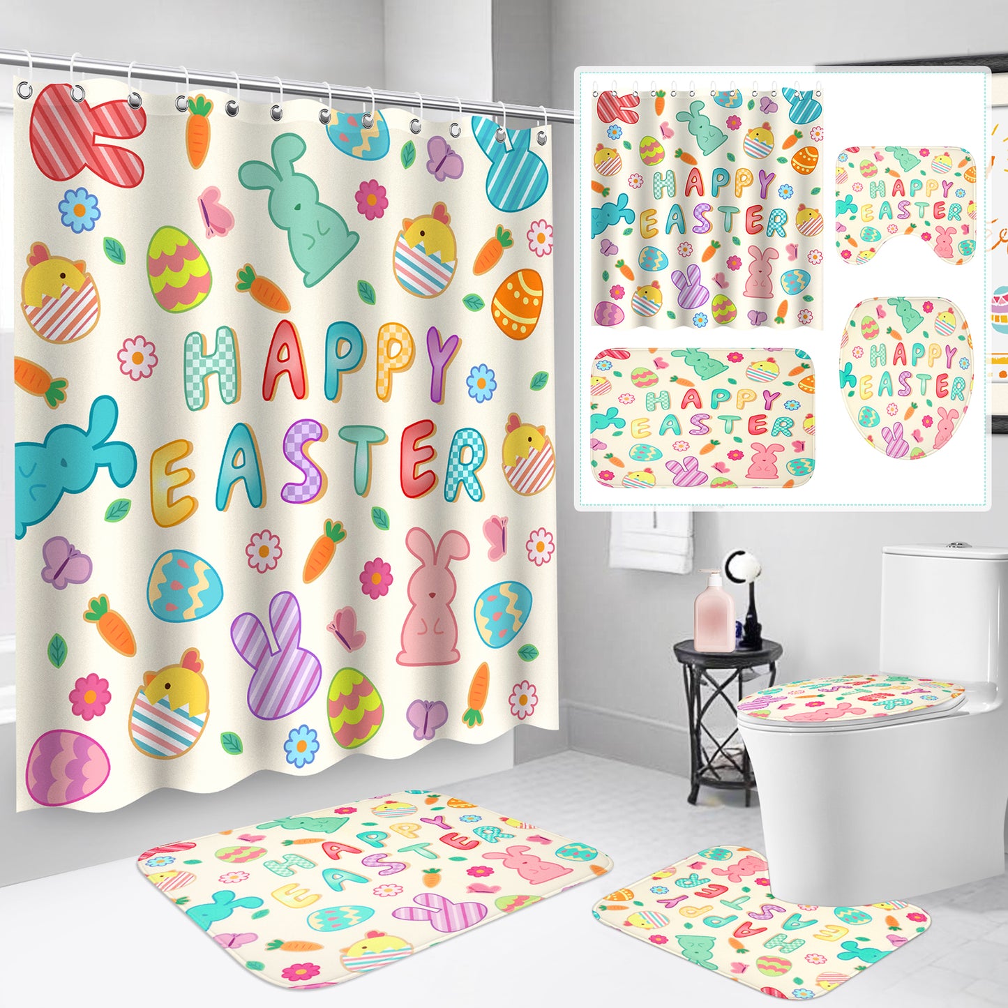4Pcs Easter Shower Curtain Set with Non Slip Rugs, Toilet Lid Cover and Bath Mat, Easter Bathroom Decor Spring Bathroom Set, Bunny Shower Curtains with 12 Hooks