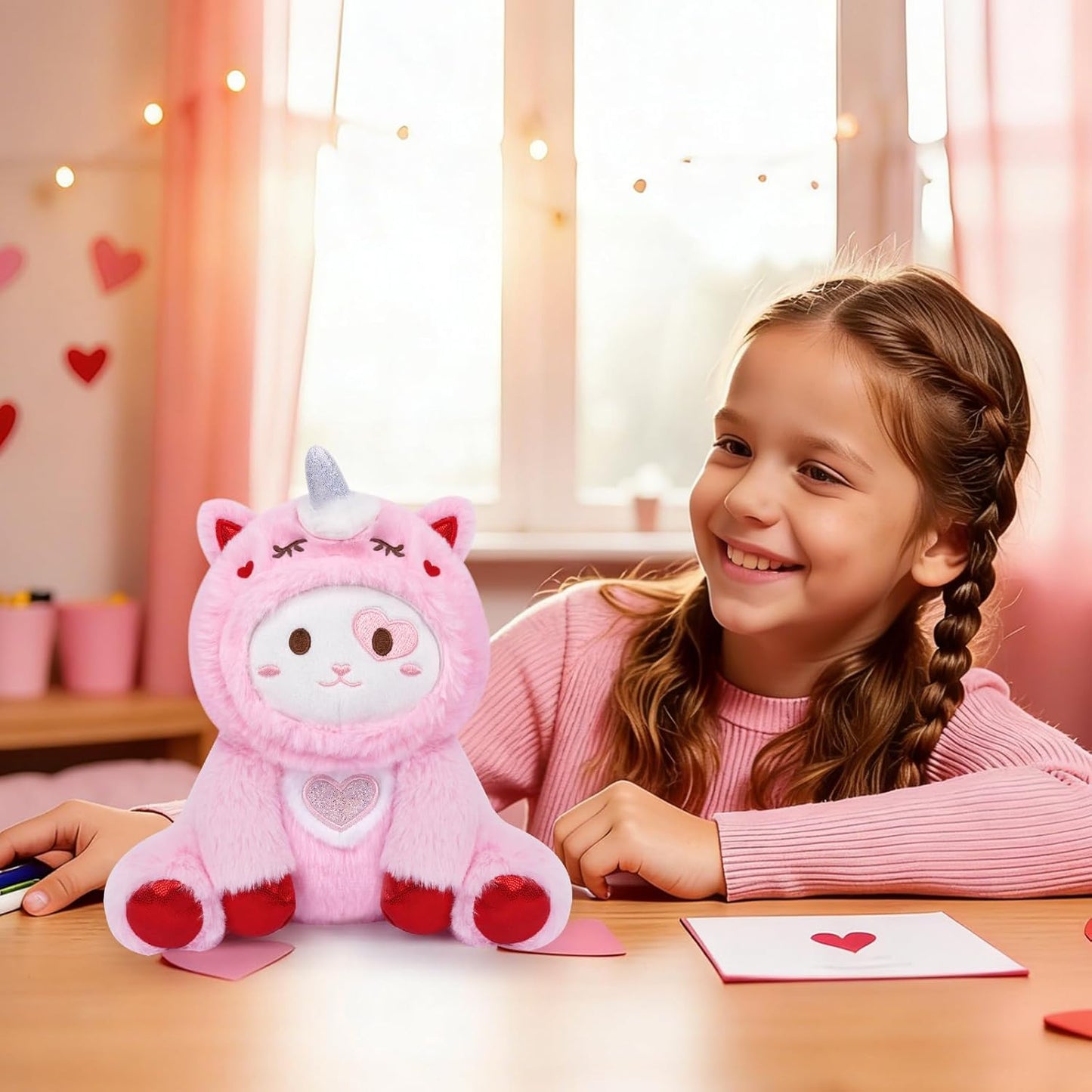 Valentines Stuffed Animal - Cat Valentines Day Plush,Cute Pink Cat Stuffed Animal,Valentine Day Party Favors Decor,Valentine Gifts for Kids Girlfriends Boyfriends