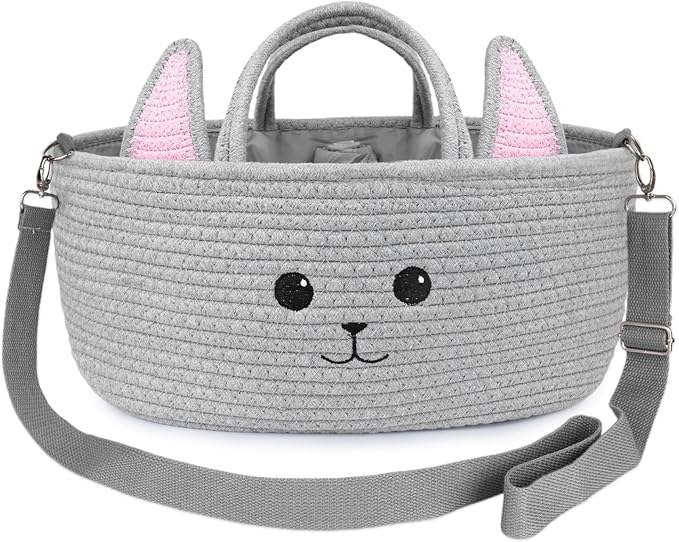 Baby Diaper Caddy Organizer, Cute Cat Woven Cotton Rope Nursery Storage Basket, Portable Diaper Organizer for Changing Table, Baby Stuff, Car Travel Baby Shower Gifts for Newborn