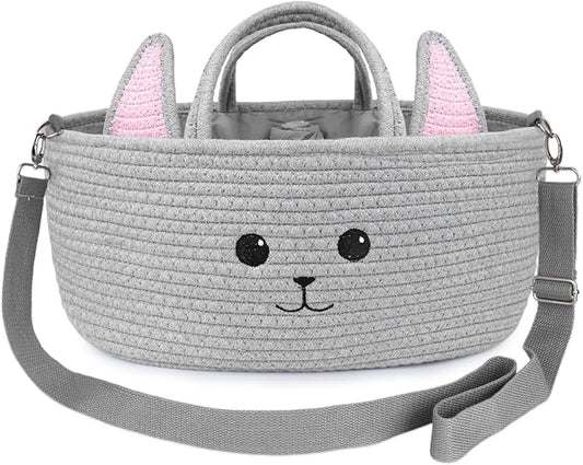 Baby Diaper Caddy Organizer, Cute Cat Woven Cotton Rope Nursery Storage Basket, Portable Diaper Organizer for Changing Table, Baby Stuff, Car Travel Baby Shower Gifts for Newborn