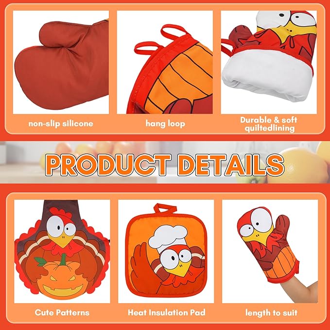 Fall Oven Mitts, Thanksgiving 4Pcs Cute Turkey Cooking Gloves Oven Mitt Set with Potholder and Apron, Quilted Cotton Lining, Heat Resistant Oven Mitts and Pot Holders Sets for Baking Microwave
