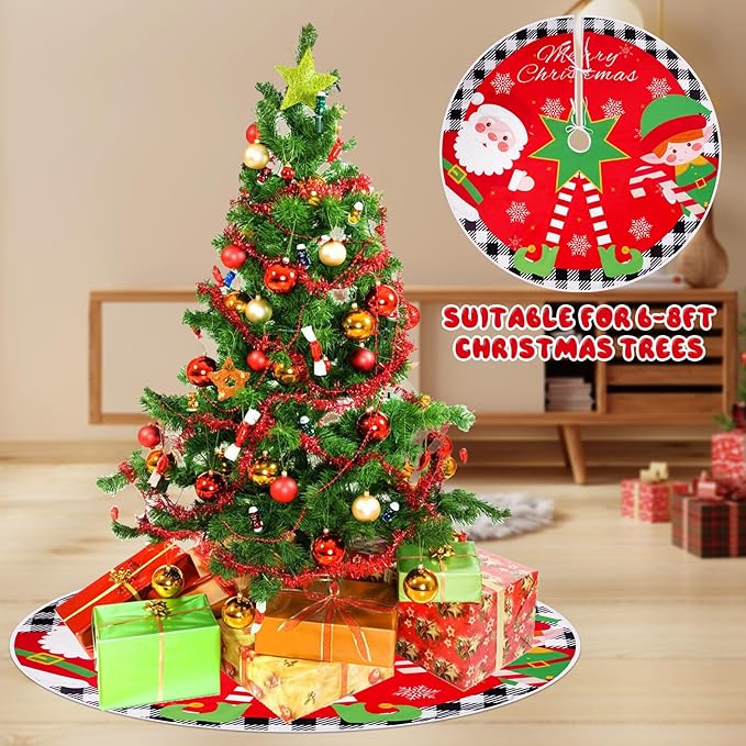 Christmas Tree Skirts, Red and Green Christmas Decorations 48 inches Large Xmas Tree Skirt Mat with Red Santa Claus Elf Legs for Indoor Outdoor Merry Christmas Holiday Party Decor