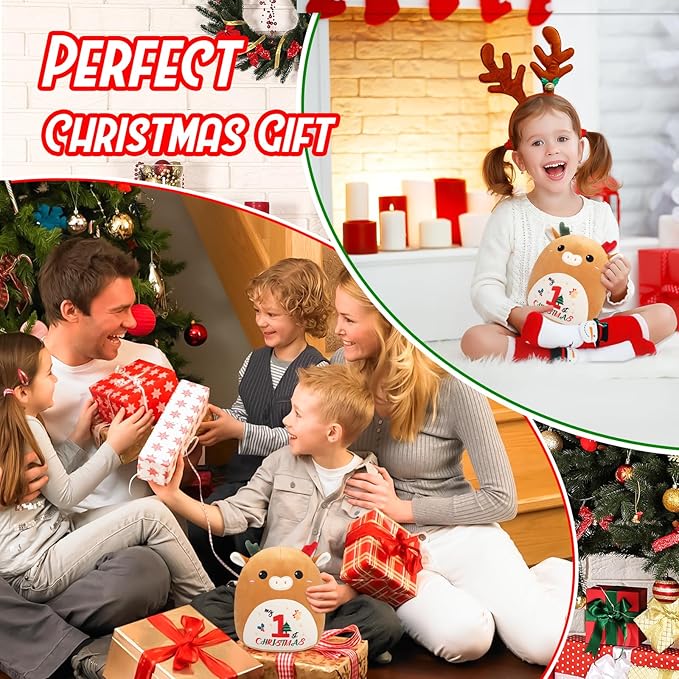 Christmas Stuffed Animal, Reindeer Cow Plush My First Christmas Cartoon Elk Plush Pillow for Kids, Cute Stuffed Christmas Plush Gift for Boys, Girls Xmas