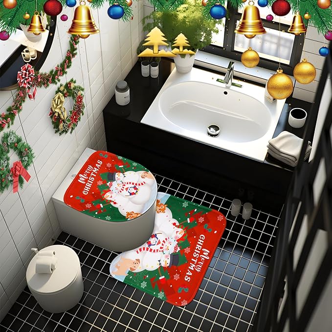Christmas Shower Curtain Set for Bathroom, 4Pcs Christmas Snowman Bathroom Sets with Waterproof Shower Curtain, Non Slip Rugs, Toilet Lid Cover, Bath Mat, Xmas Gifts Bathroom Decor with 12 Hooks