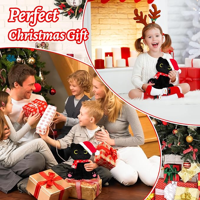 Black Cat Plush, 9In Christmas Plush Black Cat Stuffed Animals Toy for Kids, Cute Stuffed Cat Plushie Toy for Girls Boys, Kawaii Kitten Plush for Boys and Girls