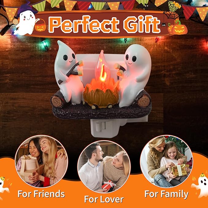 Ghost Campfire Flickering Nightlight, Ghosts Campfire Nightlight Cute Ghost Halloween Night Light 3D Flames 360 Degree Plug, Ideal Gifts for Halloween, Ghost Room Indoor Decor