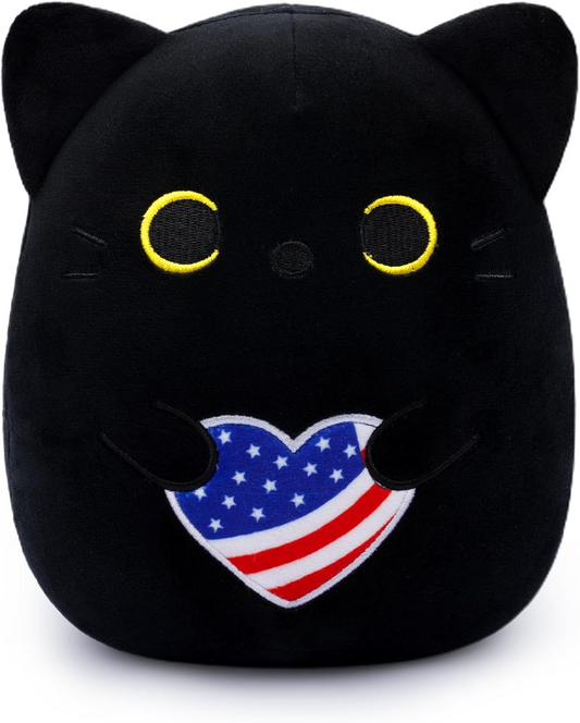 Black Cat Plush, 8inch Cat Stuffed Animal with American Flag, Cute Cat Plushie Soft Kitten Plush Toy Gift for Kids