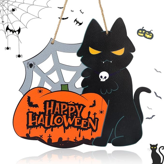 Black Cat Door Sign,11in Welcome Sign for Front Door,Black Cat Front Door Decorations,Black Cat Door Hanger Sign for Wall Yard Indoor Outdoor Decor