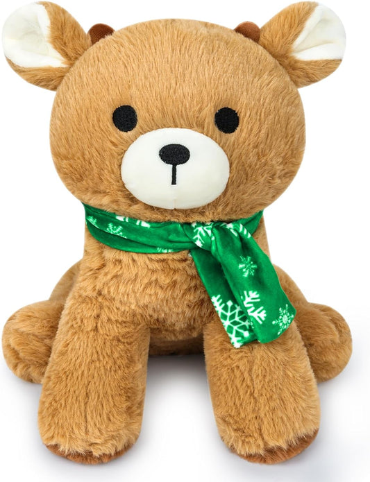 Christmas Reindeer Plush, 10inch Cute Deer Plush, Christmas Stuffed Reindeer Plush Toy with Green Scarf, Christmas Plush Toys for Kids Christmas Decor Animals