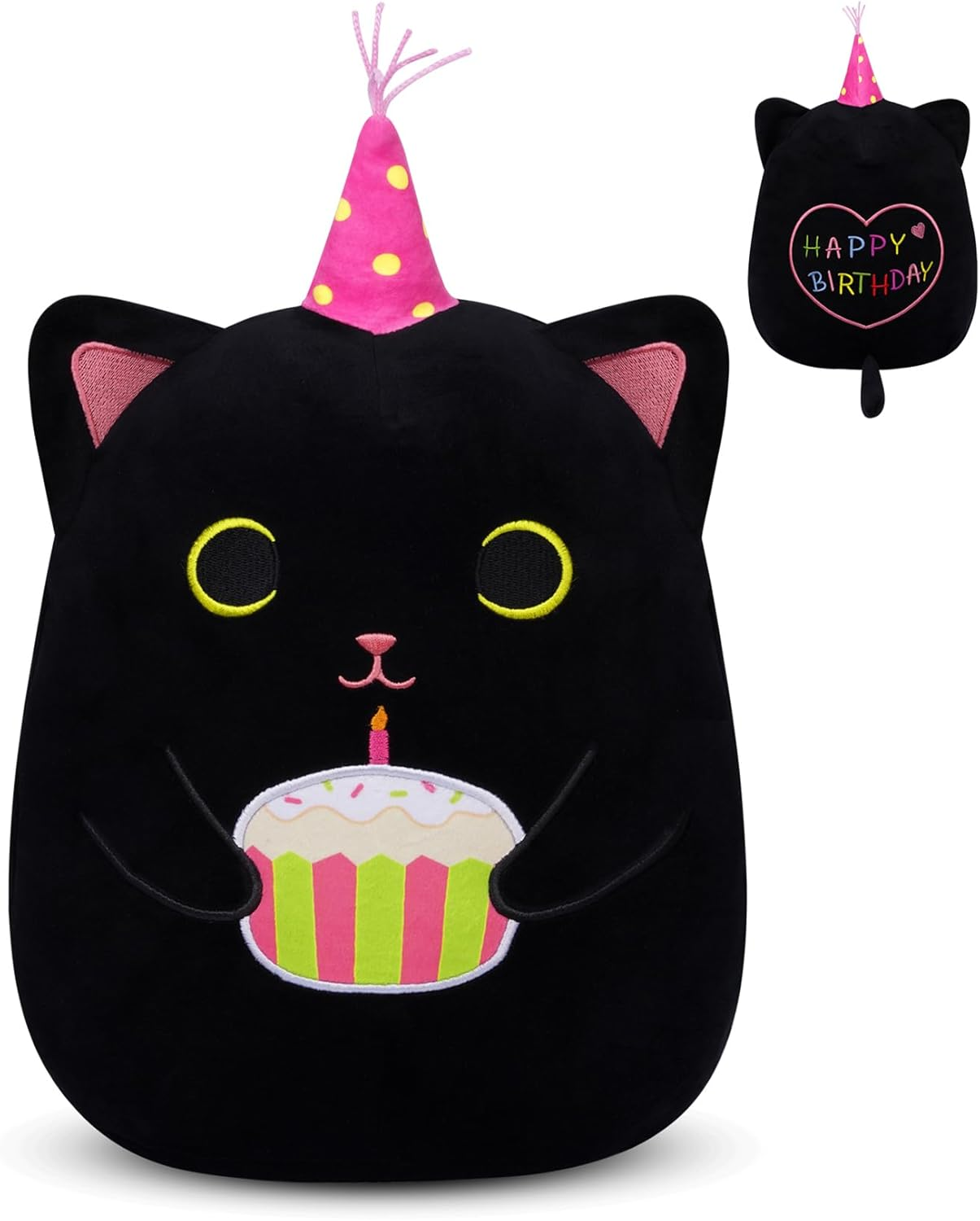 Black Cat Plush Toys - 8 inch Happy Birthday Cat Plush Cushion, Black Cat Plush Dolls, Cute Cat Stuffed Toys for Girls, Boys, Children, Party, Christmas