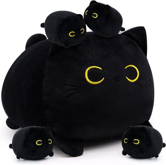 5PCS Black Cat Plush Toy Set, 12inch Cat Plush Pillow and 4 Mini Black Cat Stuffed Animal, Cute Cat Plush Toys for Kids Boys and Girls, Christmas Birthday Valentines