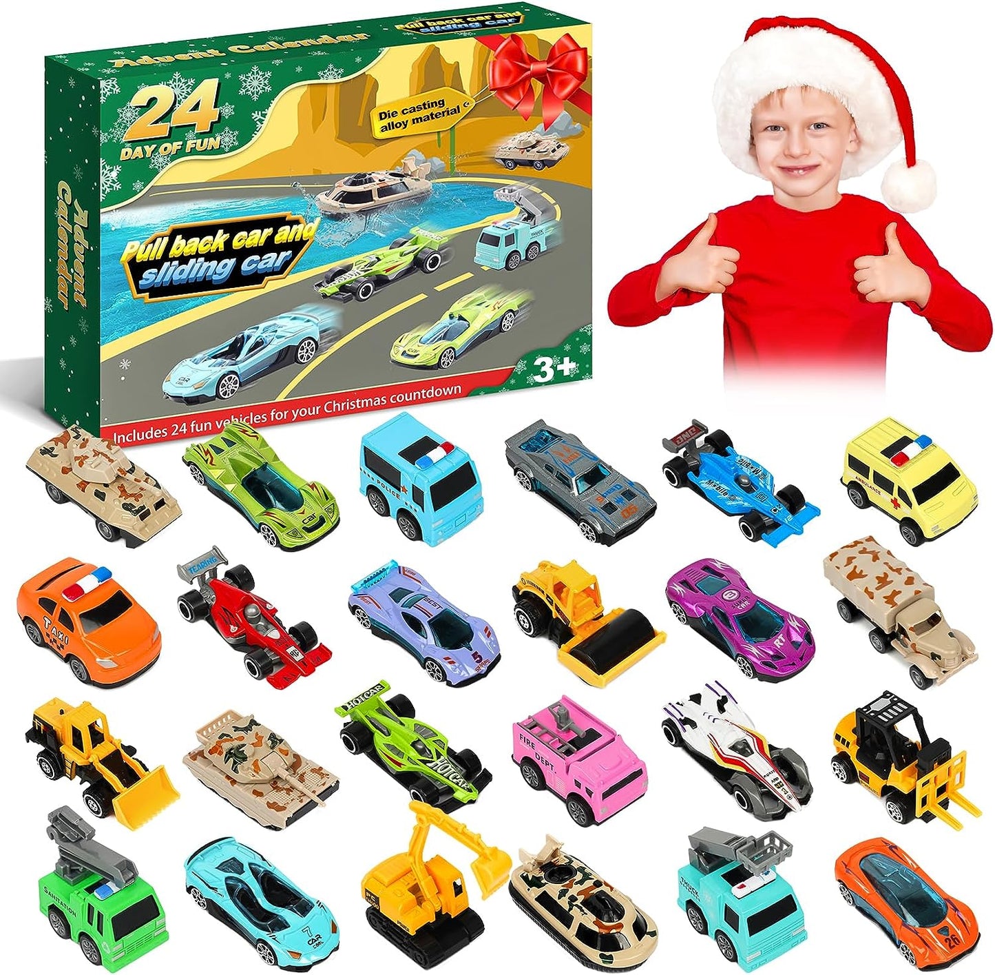 Christmas Advent Calendar 2023, 24pcs Advent Calendar Car Toy, Cars Racing Engineering Cars with Game Map, Kids Advent Calendar Toys Gift（Pull-back type）