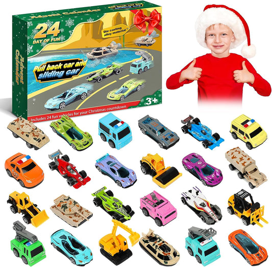Christmas Advent Calendar 2023, 24pcs Advent Calendar Car Toy, Cars Racing Engineering Cars with Game Map, Kids Advent Calendar Toys Gift（Pull-back type）