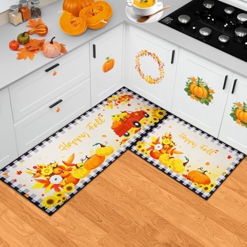 Kitchen Mats - 2PCS Thanksgiving Kitchen Rugs,Thanksgiving Pumpkin Mat,Non-Slip Kitchen Rugs for Kitchen,Living Room,Entryway,Thanksgiving Decor 18"x30"+18"x47"