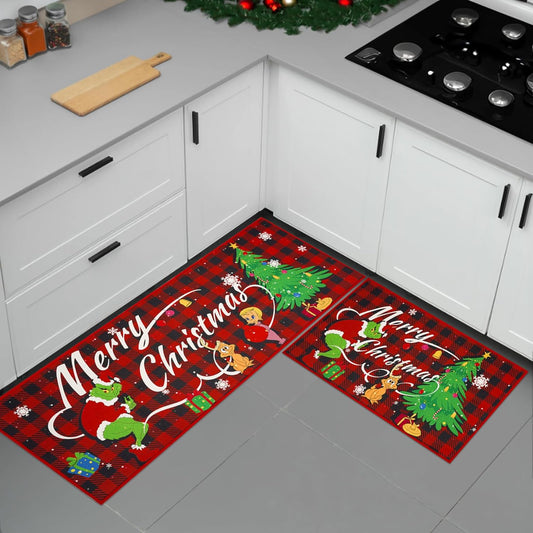 Christmas Boho Kitchen Rugs and Mats Set of 2, Christmas Kitchen Mats for Floor, Kitchen Anti Fatigue Mat Set, Non Slip Kitchen Rugs Decorations for Home Kitchen Christmas
