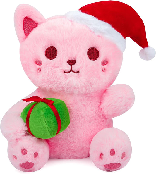 Juguete de peluche de gato rosa de peluche, suave almohada de peluche de gato de Navidad, lindo juguete de peluche para niños y niñas, decoración navideña kawaii