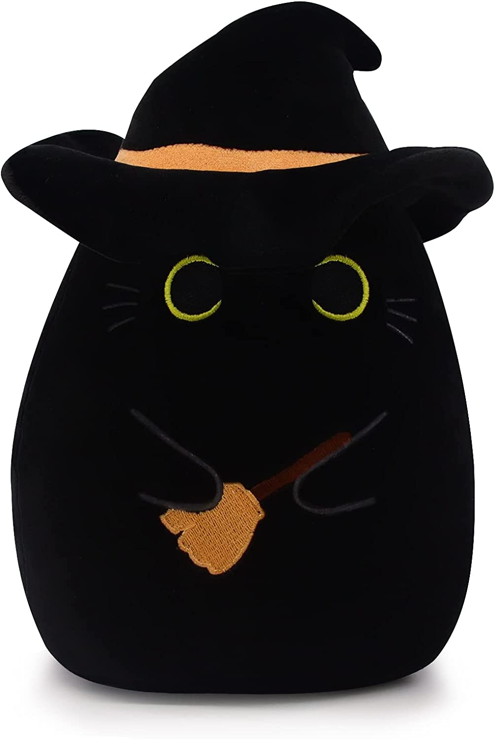 Black Cat Pillow Black Cat Plush Toy, Soft Halloween Plush Cat Toy with Hat, Cute Halloween Plush Witch Black Cat Doll, Kawaii Halloween Witch Cat Plush Gift for Kids Boys Girls