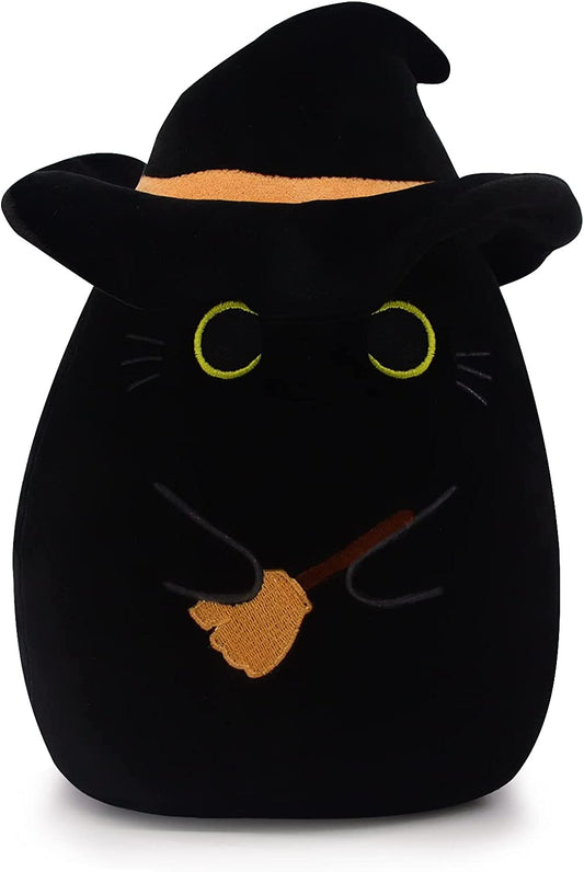 Black Cat Pillow Black Cat Plush Toy, Soft Halloween Plush Cat Toy with Hat, Cute Halloween Plush Witch Black Cat Doll, Kawaii Halloween Witch Cat Plush Gift for Kids Boys Girls