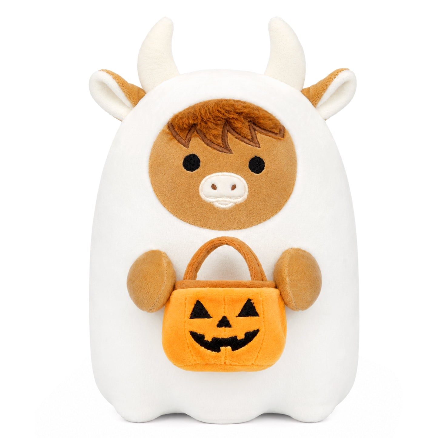 Halloween Stuffed Animal, 8 Inch Halloween Plush Ghost Highland Cow Plush Ghost Cow Plush Toy with a Pumpkin Basket, Soft Ghost Pillow Plush Cow for Kids, Halloween Gifts Boo Basket Stuffers