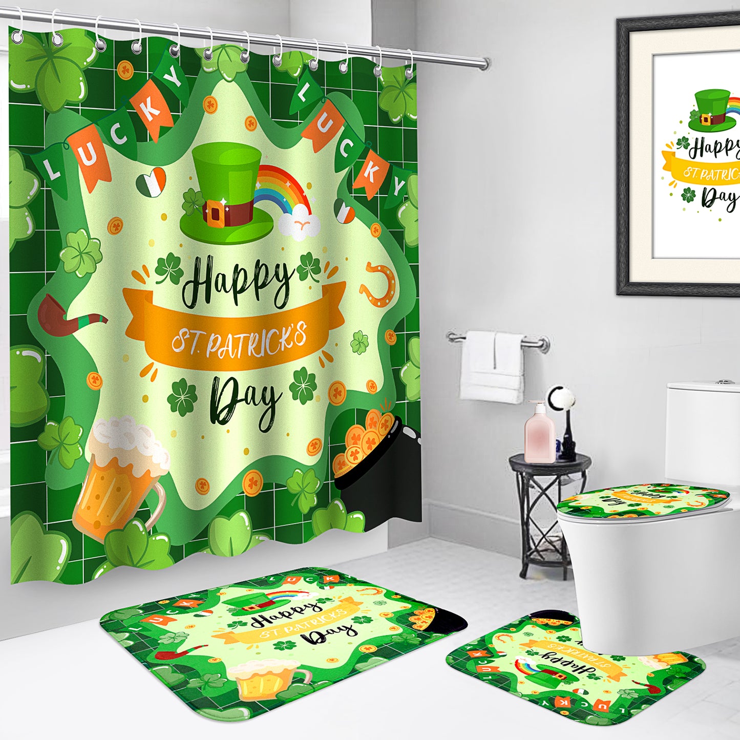 St Patricks Day Shower Curtain Set, 4pcs Happy St Patricks Day Shower Curtain with Non Slip Rugs, Toilet Lid Cover and Bath Mat, Green Shamrock Waterproof Fabric Bathroom Curtain