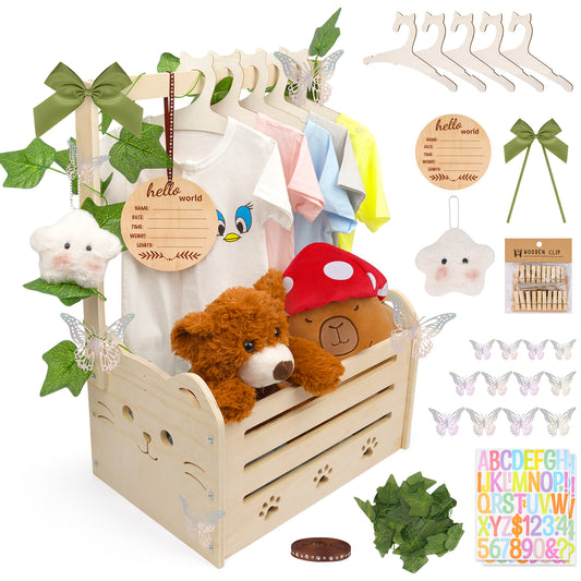 Babyparty Geschenk - Baby Geschenkkorb mit Griff,Katze Holz Baby Geschenkkorb mit Kleiderbügel Wäscheklammer Tag und Deko Zubehör,Baby Shower Geschenk Korb für Neu Baby