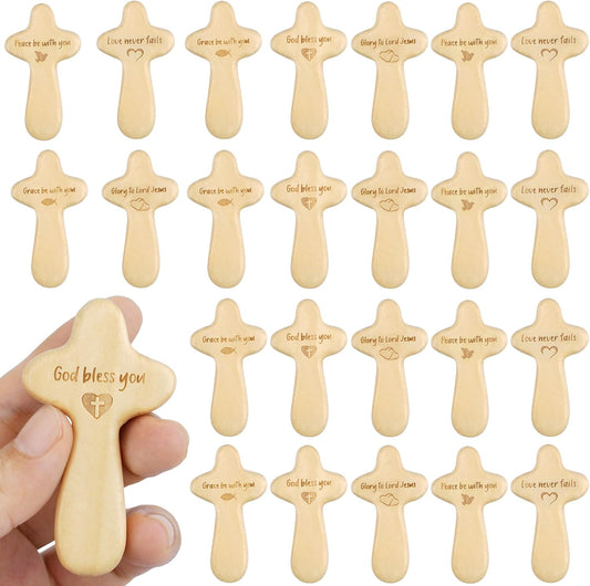 25 Packs Wooden Cross,Pocket Crosses in Bulk,2.4in Handheld Wood Cross,Jesus Cross with Blessings,Wood Crosses for Crafts,Perfect Baptism or First Communion Gift for Boys and Girls