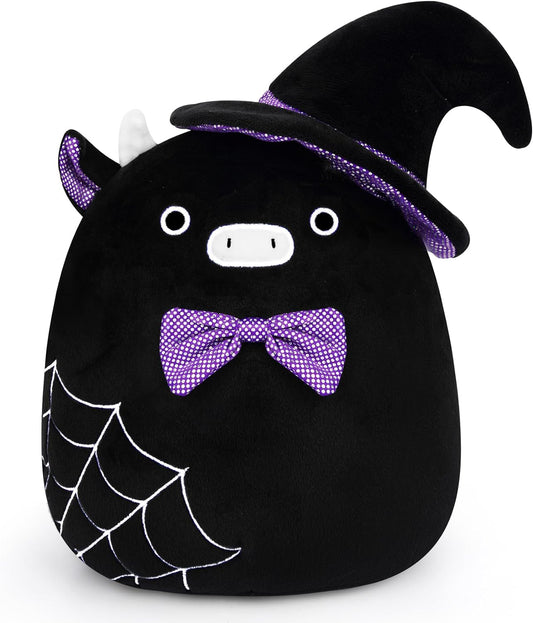 Cow Plush Halloween Witch Plush Pillow Cow Stuffed Animal Toy, Cute Black Witch Cow Plushie Pillow, Soft Plushie Stuff Doll for Kids Kawaii Halloween Decoraition