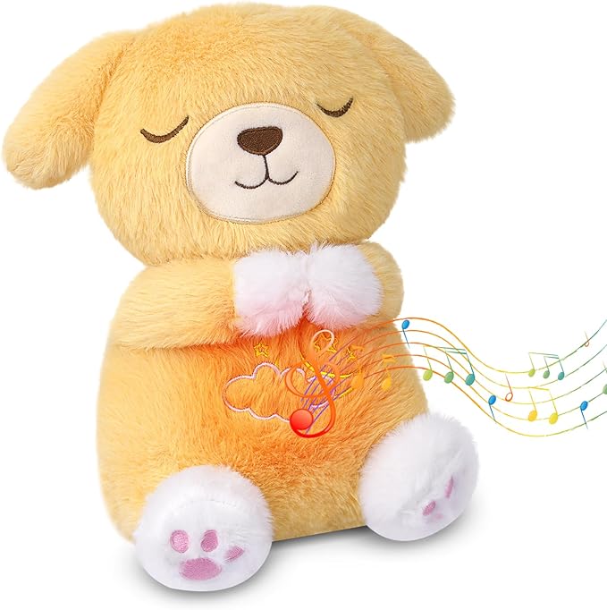 Breathing Stuffed Animals, Dog Plush Baby Toy, Soothing Stuffed Animal for Anxiety Kids and Adults, Sound Machine with Music Lights & Breathing Motion