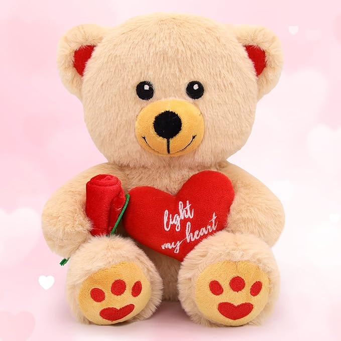 Teddy Bear Stuffed Animals for Girlfriend, 9“ Red Heart Brown Teddy Bear Plush with Rose Toy, Cute Valentines Day Stuffed Animals Bear Gifts for Kids Boyfriend Wife Women…