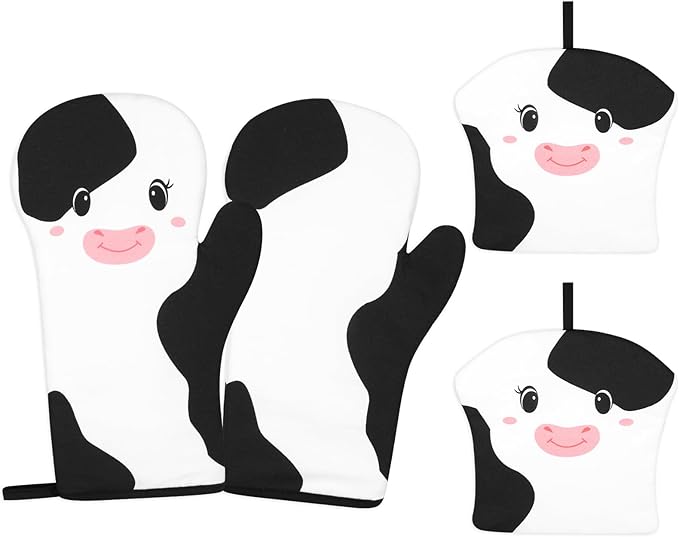 Oven Mitts,Oven Mitts and Pot Holders 4 Pcs Sets,Cute Cow Oven Gloves Heat Resistant with Hanging Loop, Oven Mit and Hot Pads Potholders with Cotton for Cooking Baking (White)