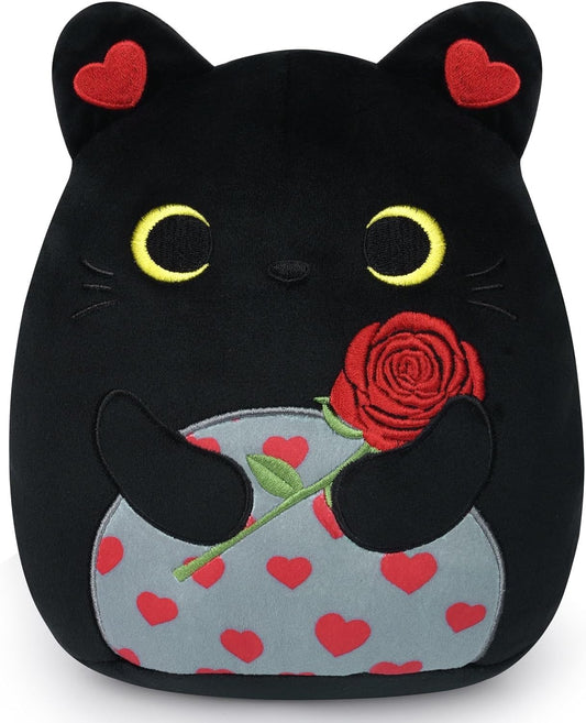 Black Cat Plush with Rose Decor, 8in Cat Stuffed Animals, Kawaii Stuffed Cat Plushie, Black Cat Toys Doll, Cute Cat Plush Pillow,Gift for Valentine's Day,Birthday,Christmas