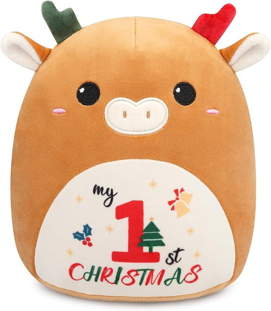 Christmas Stuffed Animal, Reindeer Cow Plush My First Christmas Cartoon Elk Plush Pillow for Kids, Cute Stuffed Christmas Plush Gift for Boys, Girls Xmas