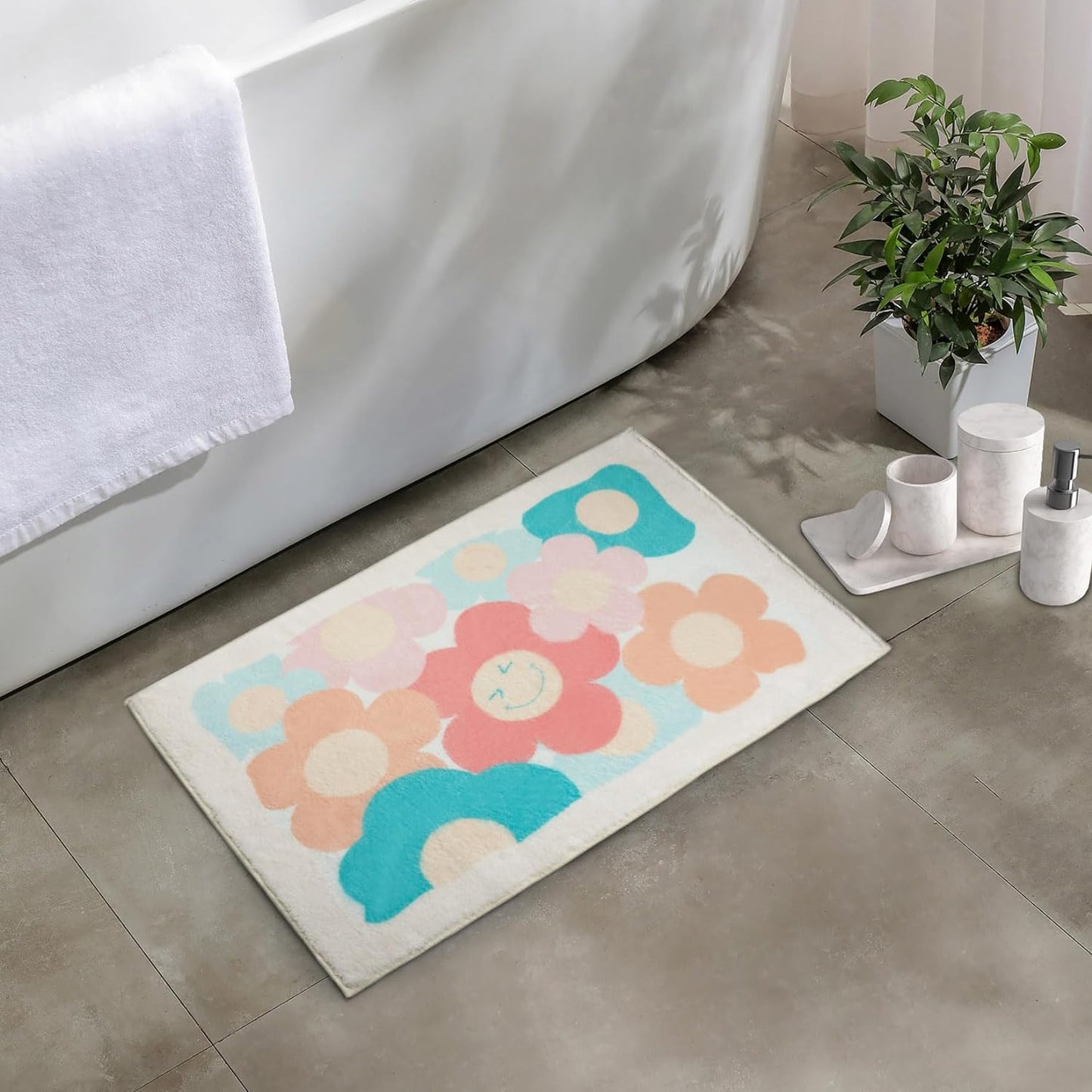 Bathroom Rug Bathroom Mat, Cute Bath Mat Non Slip Absorbent Bath Rug for Bathroom (Flowers)