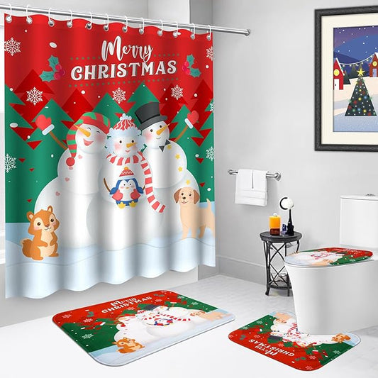 Christmas Shower Curtain Set for Bathroom, 4Pcs Christmas Snowman Bathroom Sets with Waterproof Shower Curtain, Non Slip Rugs, Toilet Lid Cover, Bath Mat, Xmas Gifts Bathroom Decor with 12 Hooks