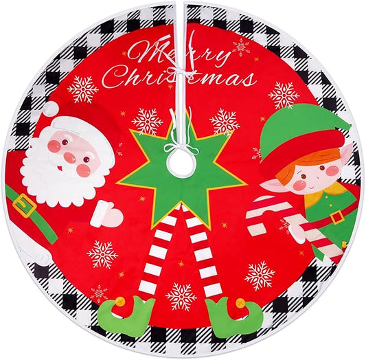 Christmas Tree Skirts, Red and Green Christmas Decorations 48 inches Large Xmas Tree Skirt Mat with Red Santa Claus Elf Legs for Indoor Outdoor Merry Christmas Holiday Party Decor