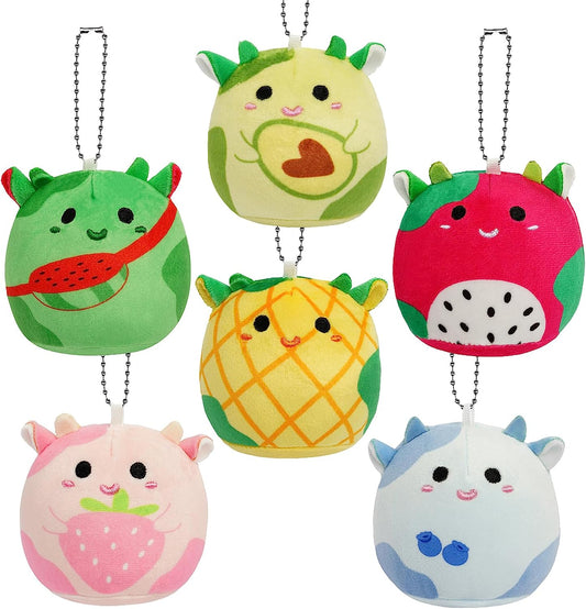 6 piezas de felpa rellena de vaca, felpa colorida de vaca de frutas, mini fresa, arándano, aguacate, sandía, fruta de dragón, llavero de piña para niños, cumpleaños