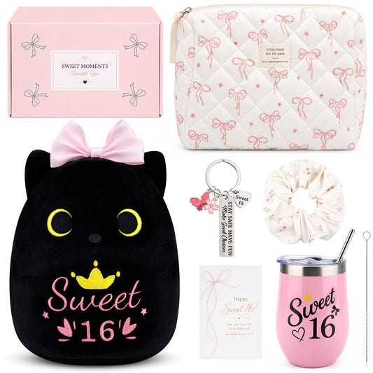 Sweet 16 Gifts for Girls, 16 Year Old Girl Gifts, 7PCS Sweet 16 Gifts with Black Cat Plush, Tumbler, Keychain, Makeup Bag, 16th Birthday Gifts for Girls, 16th Birthday Decorations