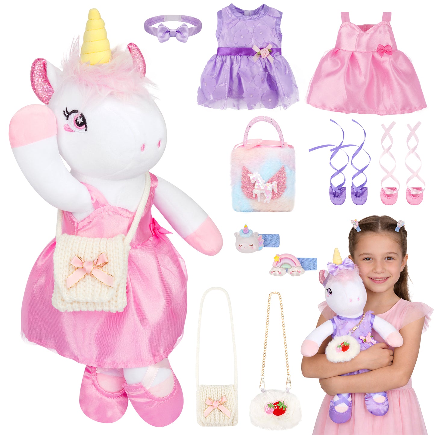 Unicorns Toys for Girls Age 4-10, 11PCS Ballerina Doll Unicorn Stuffed Animals Toy with 2 Set Ballerina Dresses, Shoes, Bags & Hair Clips, Birthday Gifts Set for Girls
