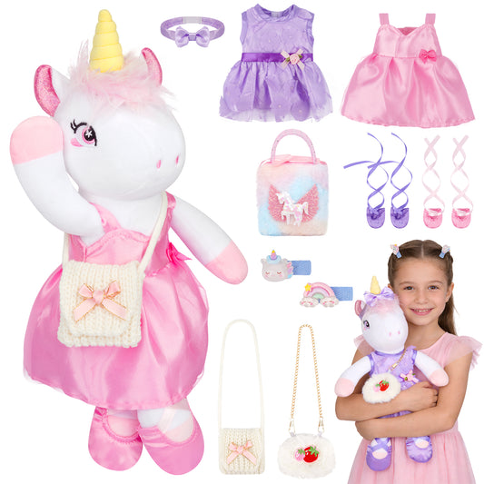 Unicorns Toys for Girls Age 4-10, 11PCS Ballerina Doll Unicorn Stuffed Animals Toy with 2 Set Ballerina Dresses, Shoes, Bags & Hair Clips, Birthday Gifts Set for Girls