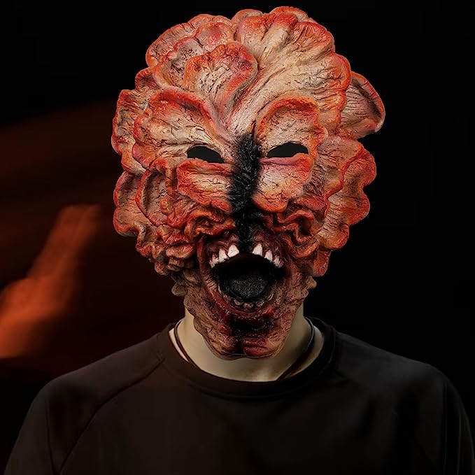 Máscara espeluznante de Halloween, máscara de clic Last of Us Click, máscara de miedo de Halloween, máscara de látex de cabeza completa para disfraz de hongos adultos (corta, 13 pulgadas)